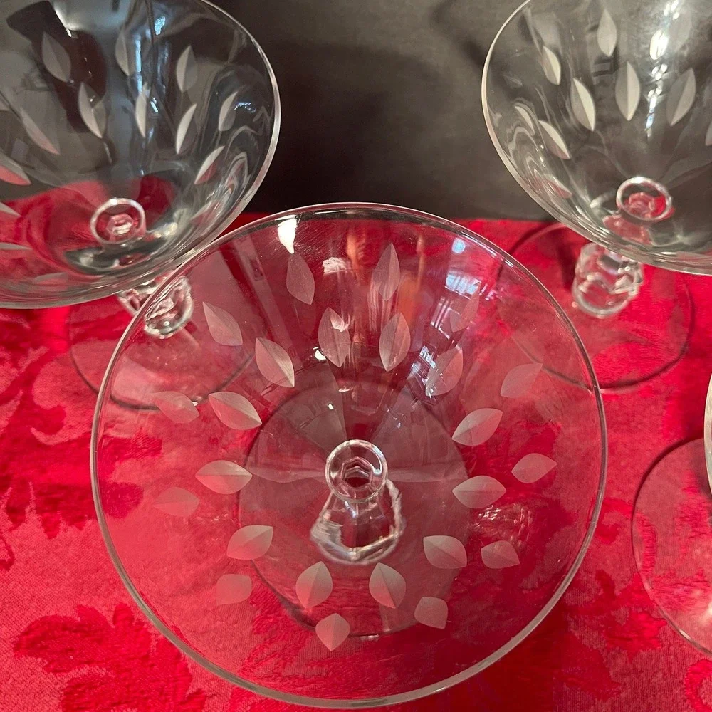 Vintage Tiffin-Franciscan Etched Crystal Coupe Glasses Set of 4 Faceted Stem MCM